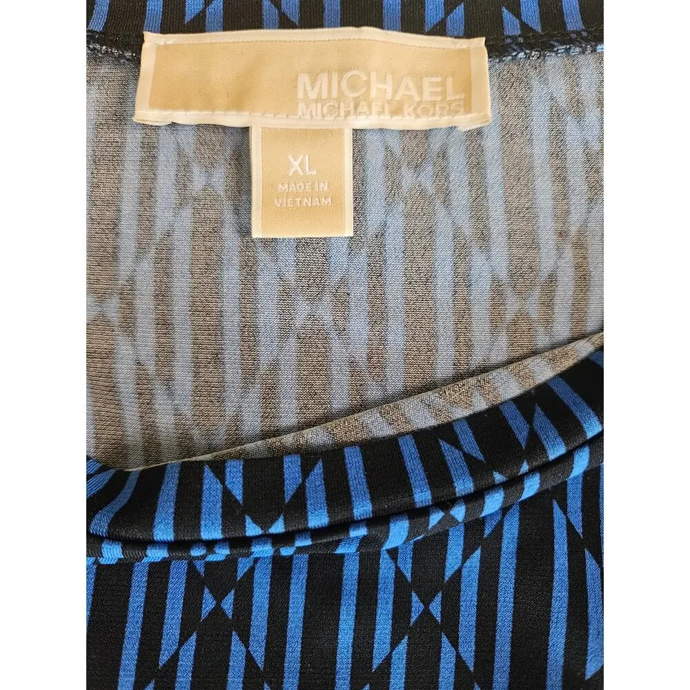 Michael Kors Blue Black Geometric Shift Dress Sz XL Stretchy Long Sleeve - Picture 5 of 7